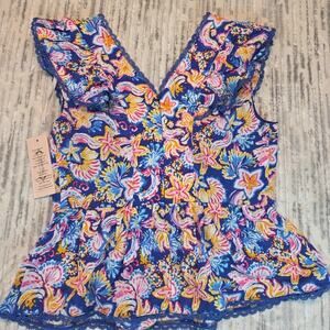 Nanette Lepore Women's Lace Trim Sleeveless Ruffle Blue Blouse Sz S